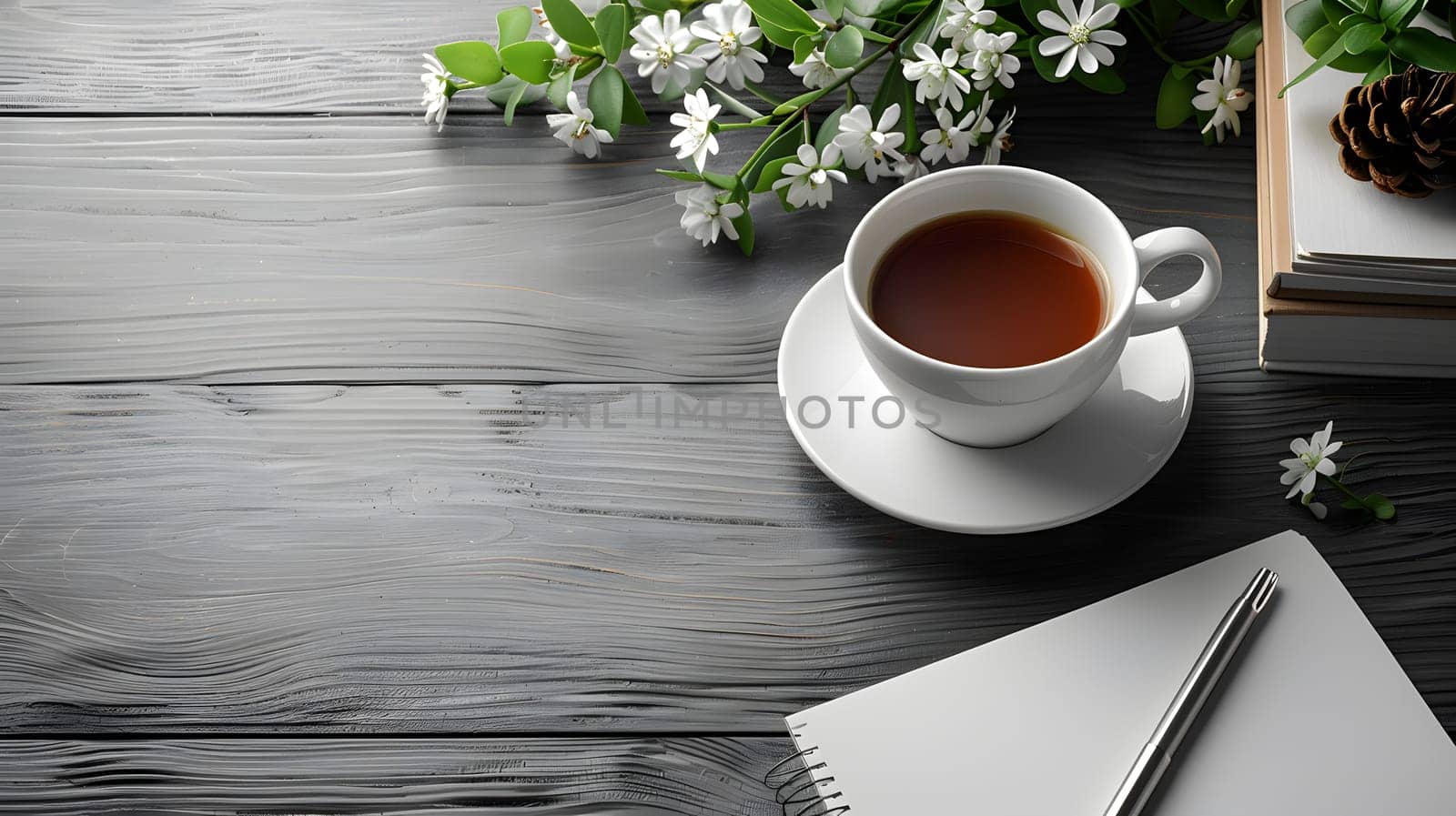 A cup of tea on a saucer, set on a wooden table with serveware by Nadtochiy