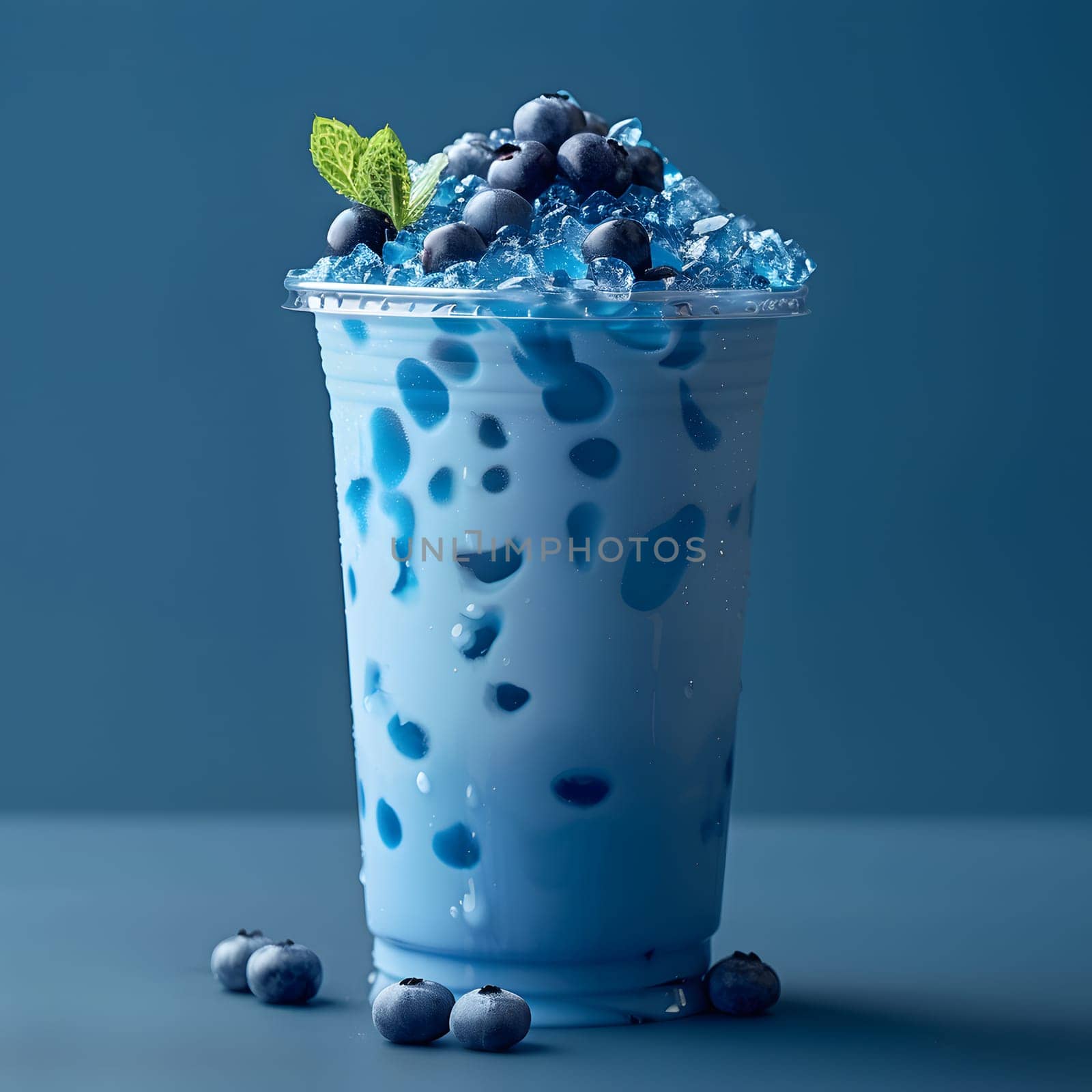 Electric blue drink with bilberries and ice in a plastic cup by Nadtochiy