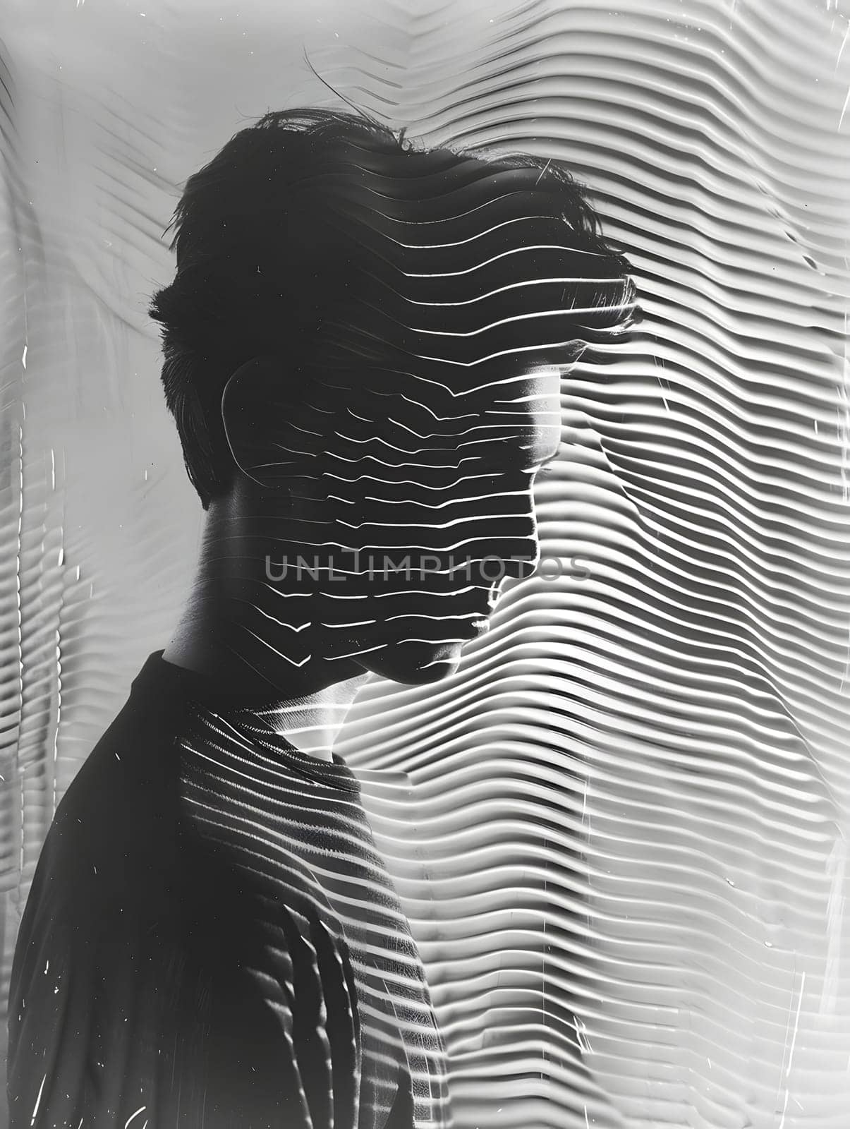 A monochrome photography portrait of a mans face with striking shadows and patterns, focusing on his eye, jaw, and eyelashes. The striped background adds a unique touch to the artistic gesture