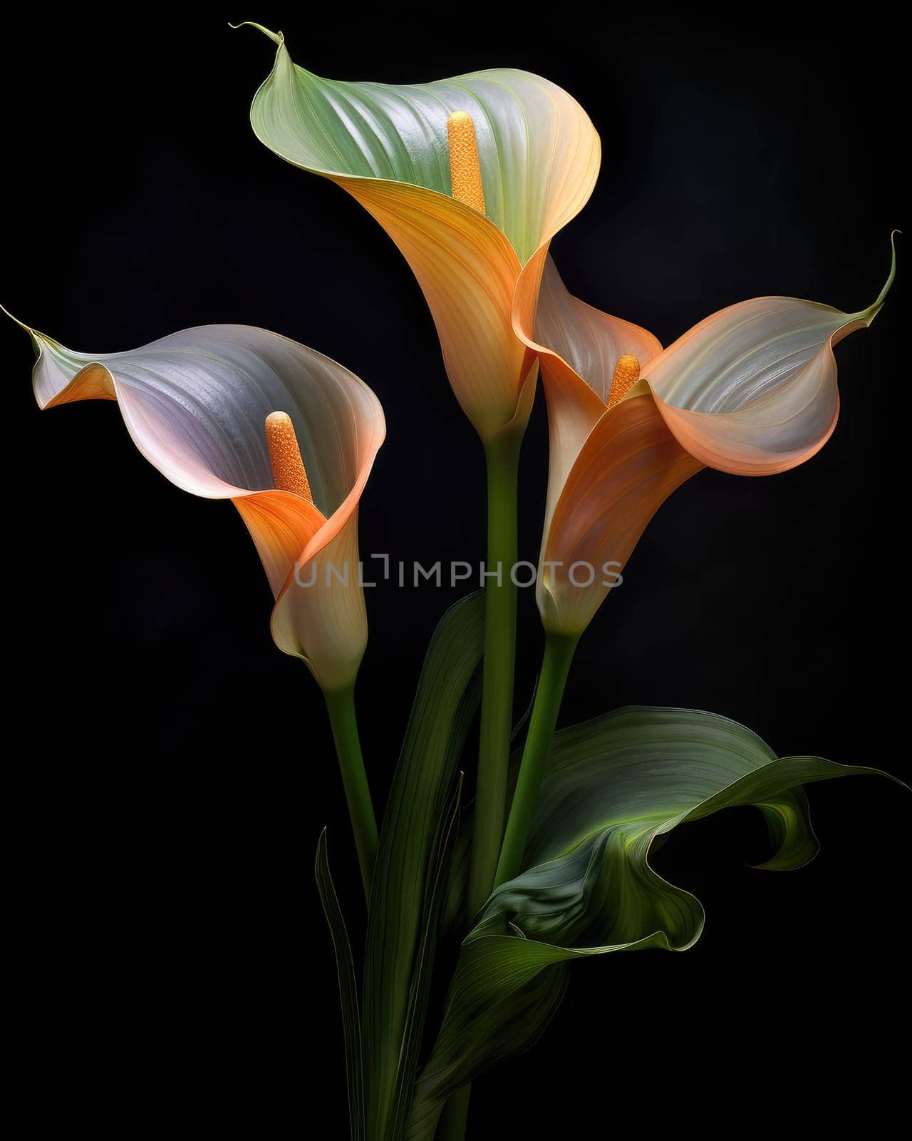 Romantic bouquet of calla lilies in minimalistic style on a dark background