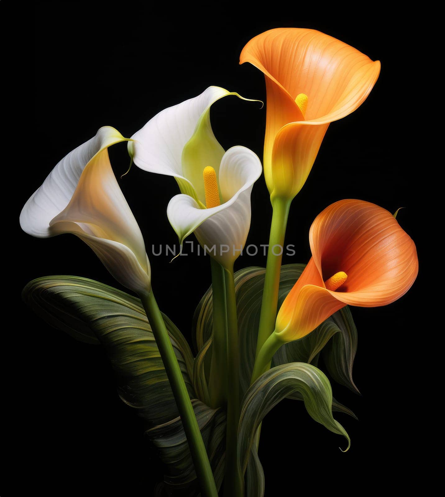 Romantic bouquet of calla lilies in minimalistic style on a dark background