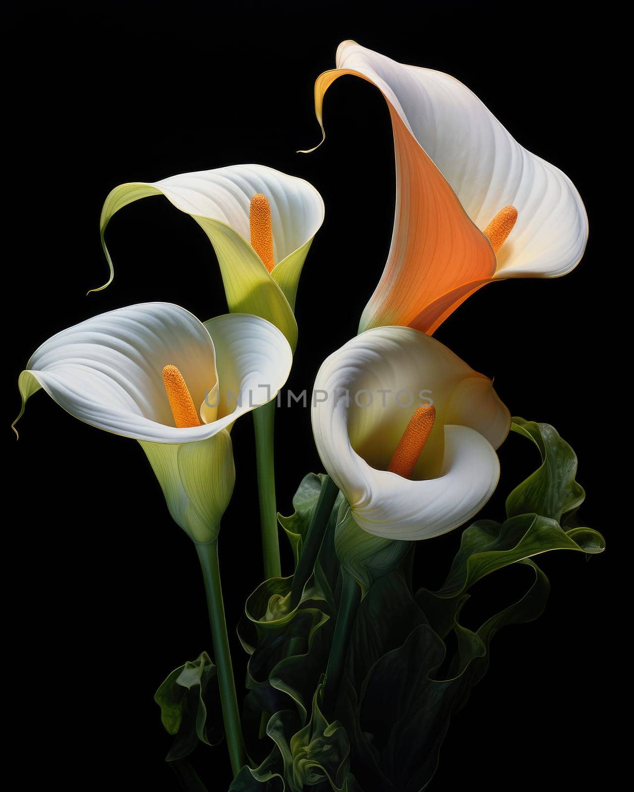 Romantic bouquet of calla lilies in minimalistic style on a dark background