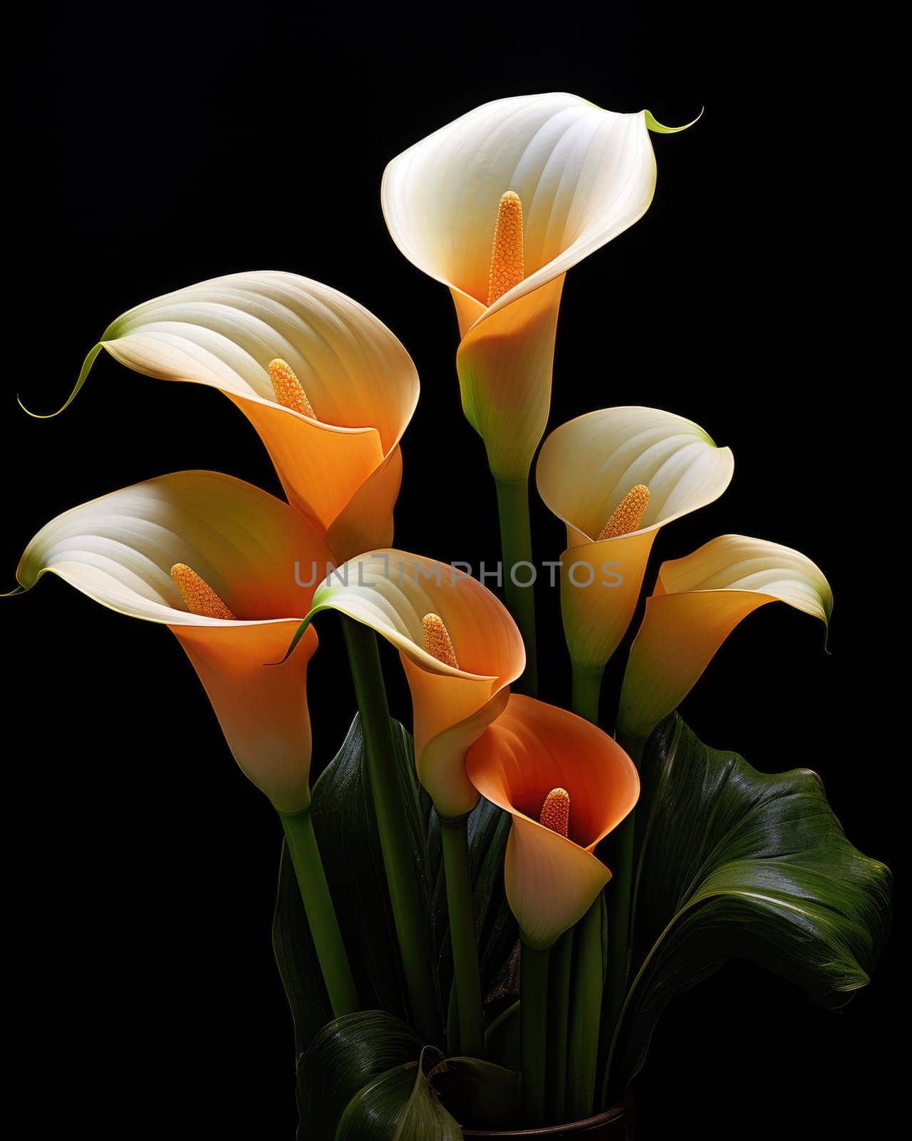 Romantic bouquet of calla lilies in minimalistic style on a dark background