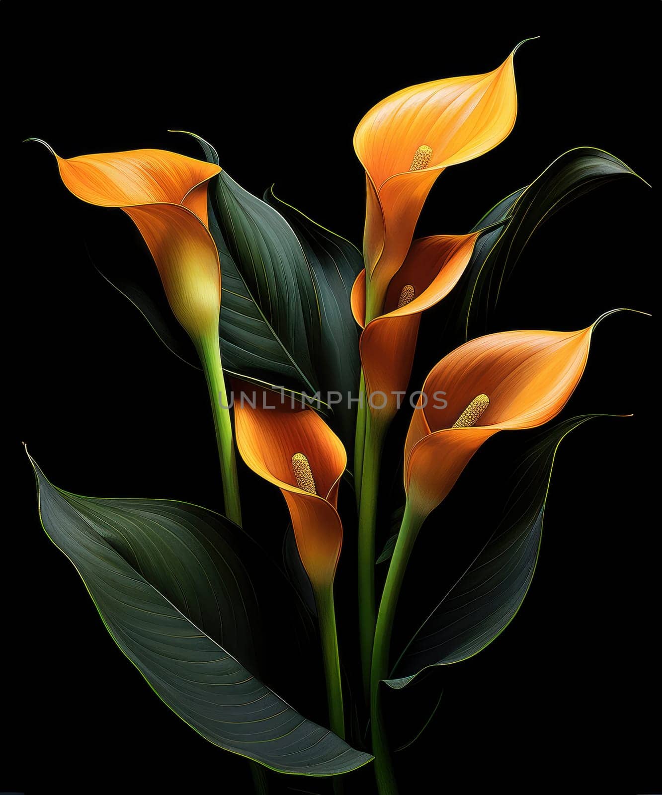 Romantic bouquet of calla lilies in minimalistic style on a dark background