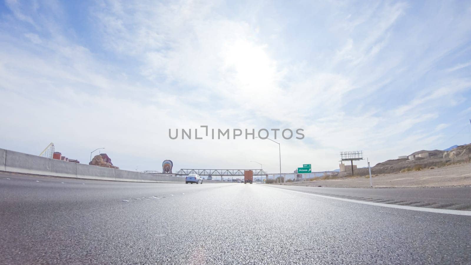 During the day, driving on the streets of Primm near the lively casinos offers a glimpse into the exciting atmosphere of this bustling entertainment destination.