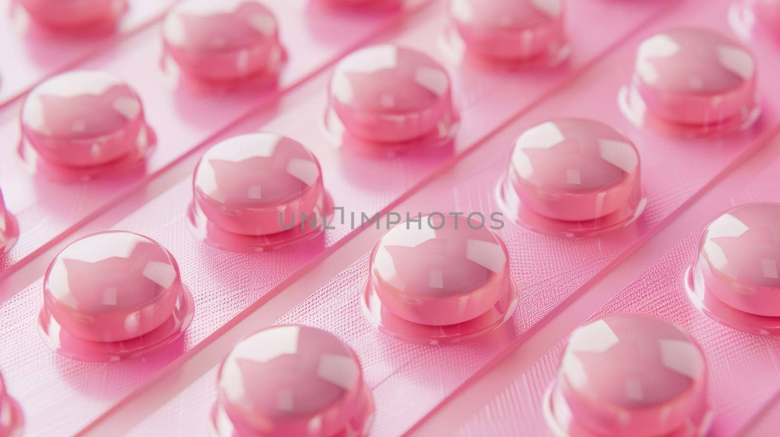 Pink round tablets in blister pack on pink background AI