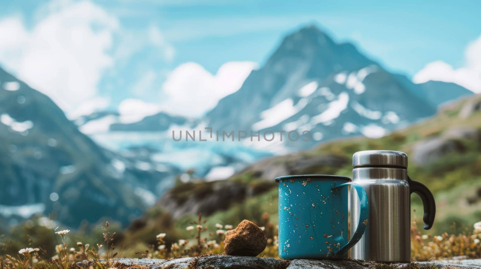 A mug and a thermos for a tourist on a background of mountains AI