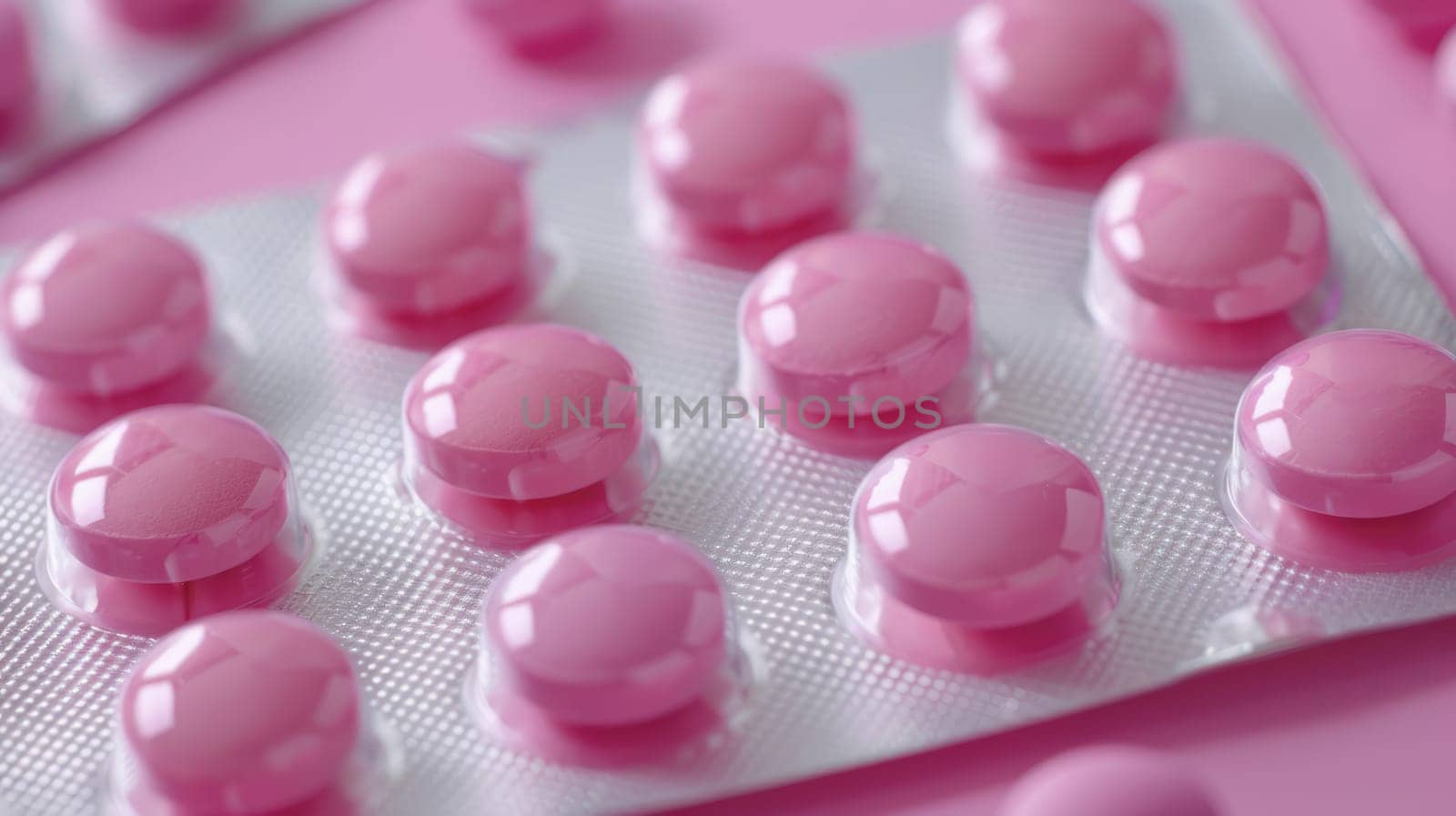 Pink round tablets in blister pack on pink background AI