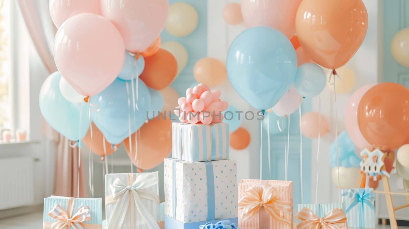 Balloons and bags with gifts for the organizer of a children party AI