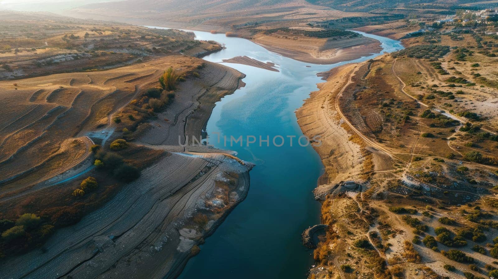 Dried rivers and lakes due to drought. Bird's eye view AI