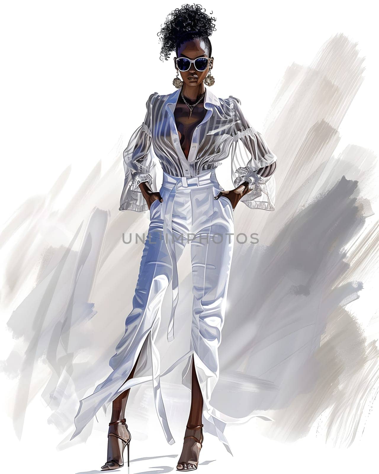 An art piece depicting a woman in a white dress and sunglasses, showcasing fashion design. The dress has intricate sleeve details and a collar, with the woman striking a stylish gesture