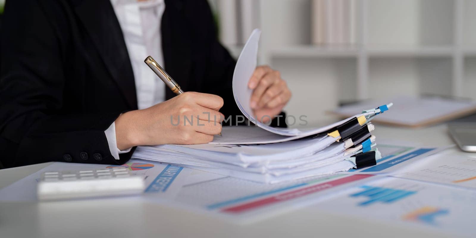 Documents, Business woman and accountant reading report for information, financial data or analysis. Paperwork, auditor check, review and bookkeeping, Calculate finance and tax in office.