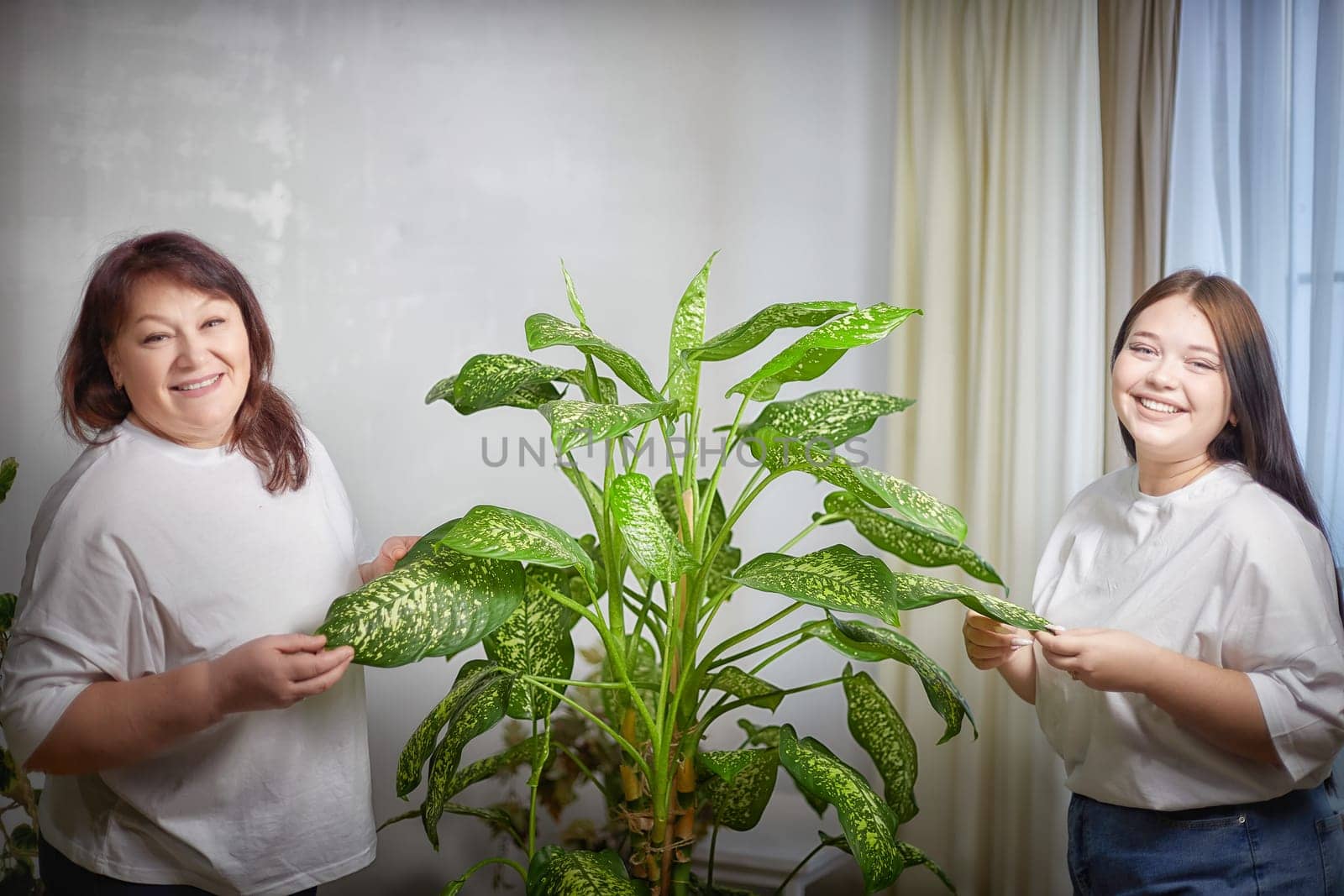 Happy Overweight family with mother and daughter in room with Diffenbachia. Middle aged woman and teenager girl having fun, joy by keleny