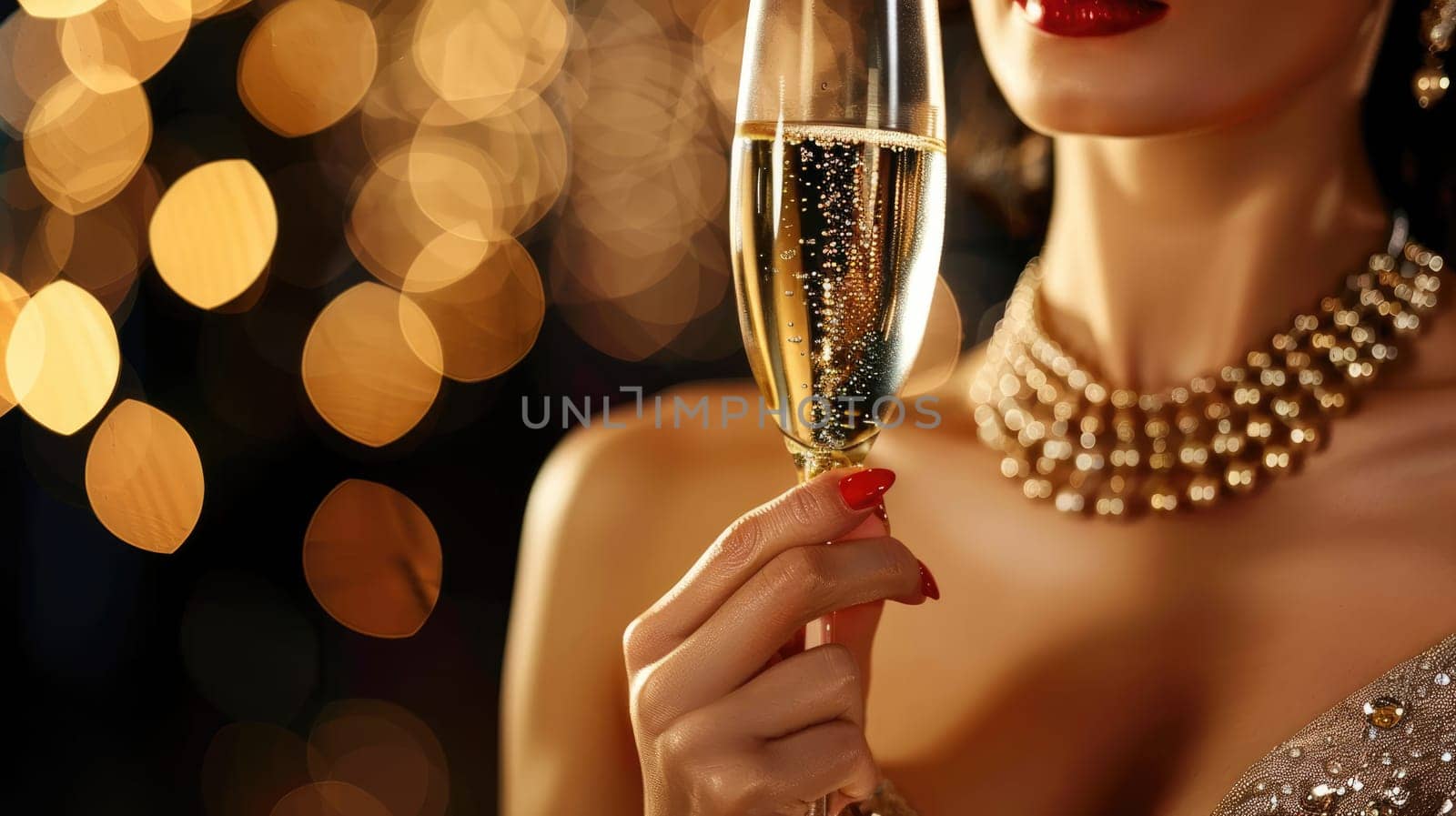 Lady with luxurious champagne in her hands at a prestigious party AI