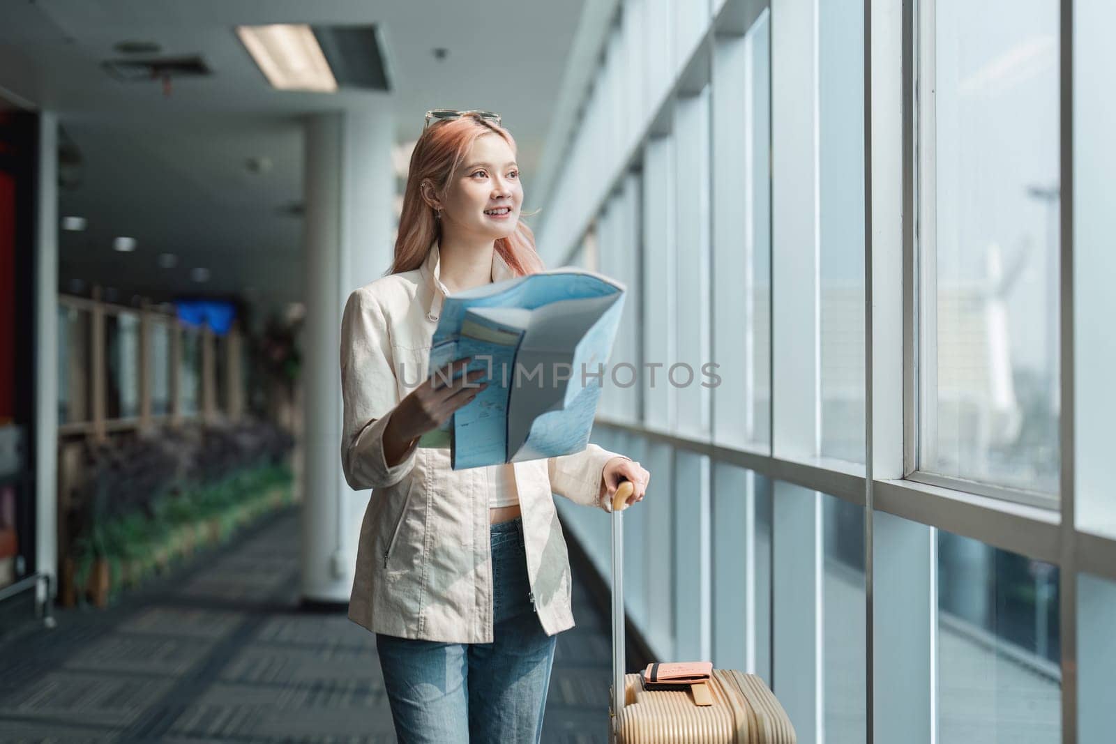 Happy young woman asian is stand in airport near suitcase and reading map by nateemee