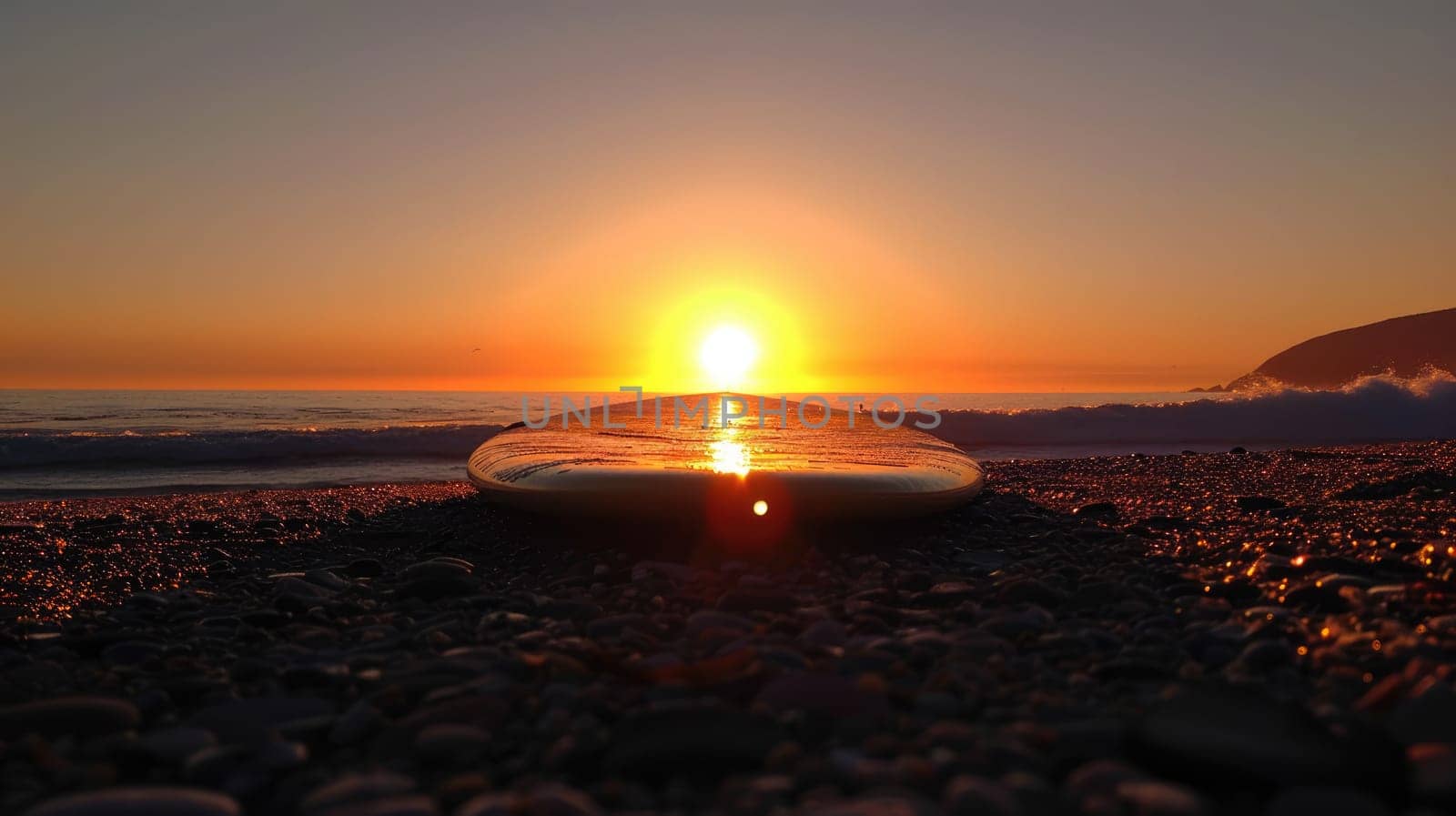Surfboard and rising sun, coast beach at sunset. AI