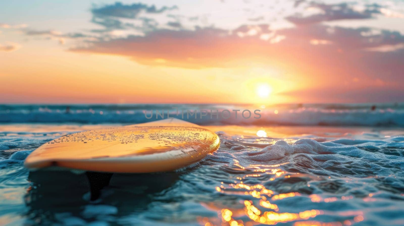 Surfboard and rising sun, coast beach at sunset. by natali_brill