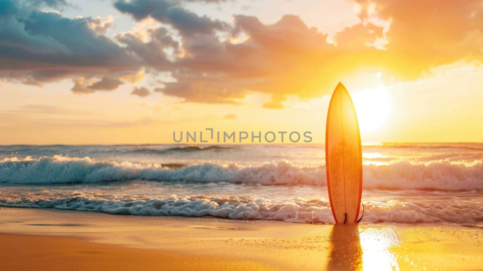 Surfboard and rising sun, coast beach at sunset. AI
