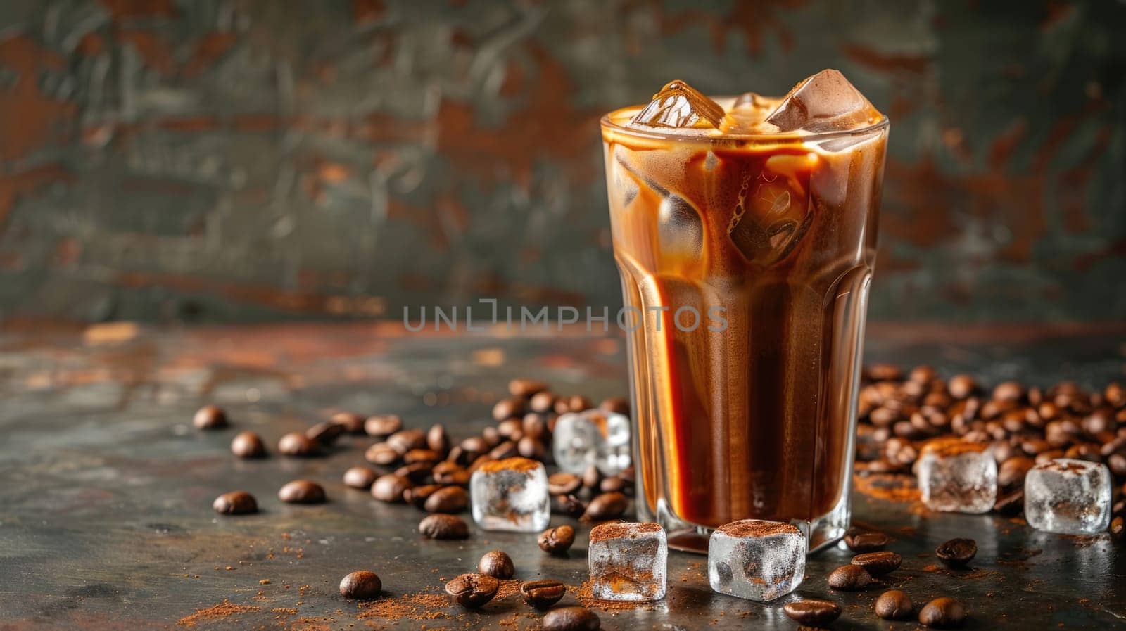 Iced coffee cubes with milk. Glass of cold coffee with ice cubes AI