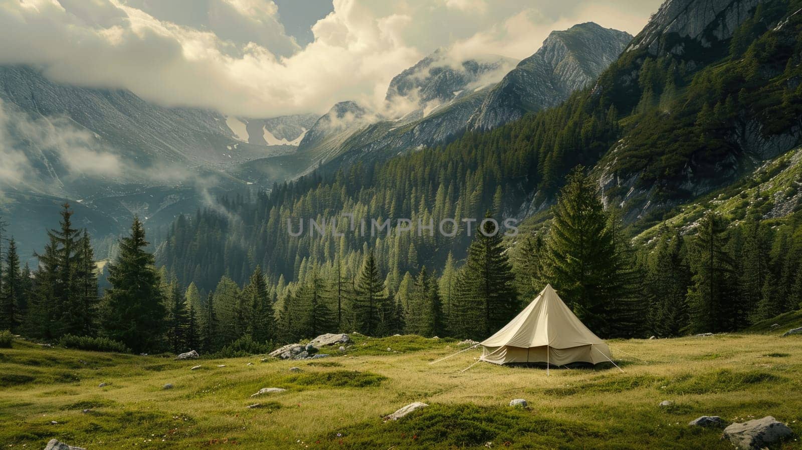 Tourists Camping. Picnic tent on a mountain meadow AI