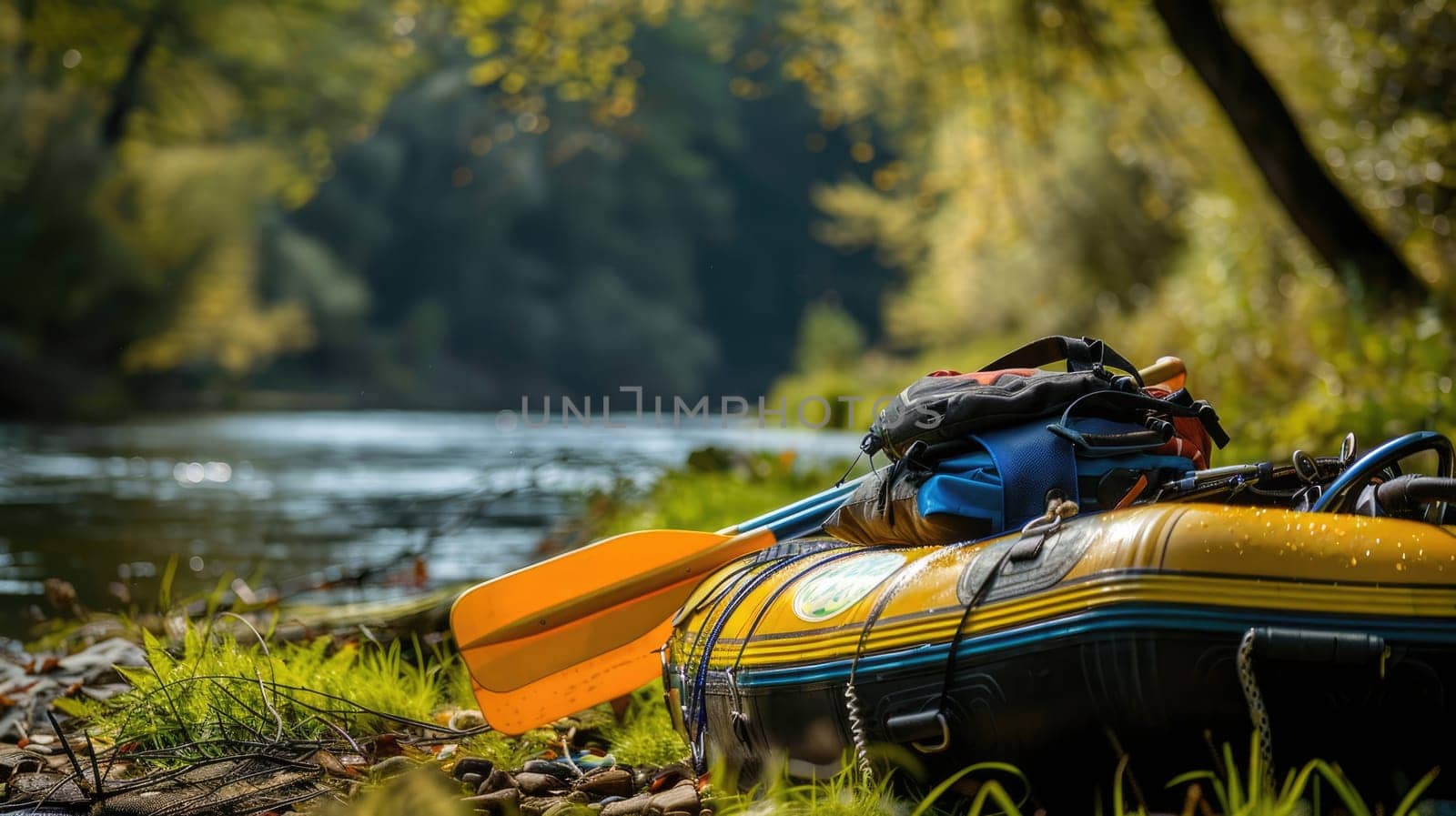 Boat and equipment for rafting instructor. Rafting on a mountain river AI