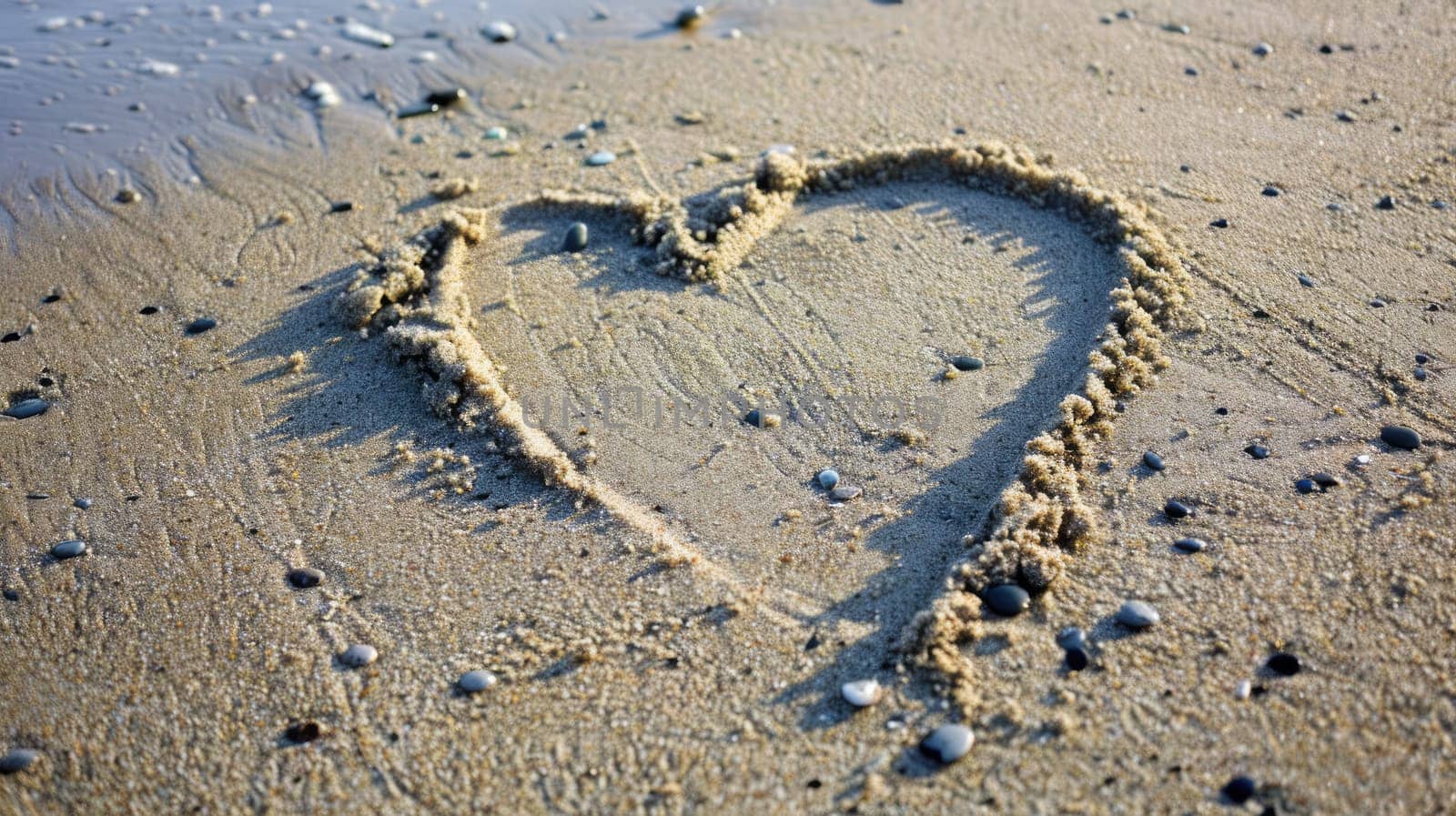Heart drawn in the sand. Beach background. Top view AI