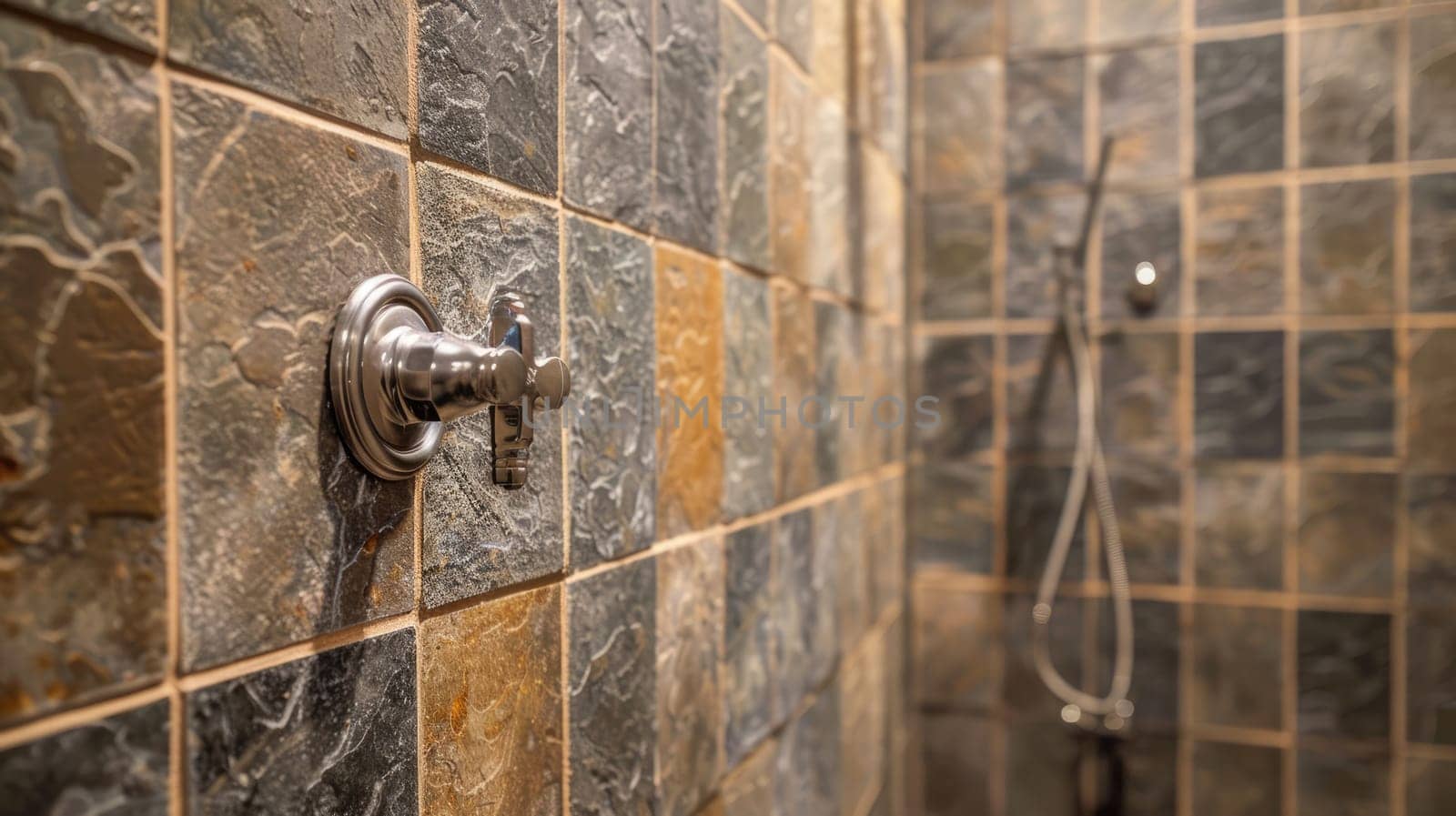 Modern shower with wall tiles. Tile in the shower stall AI