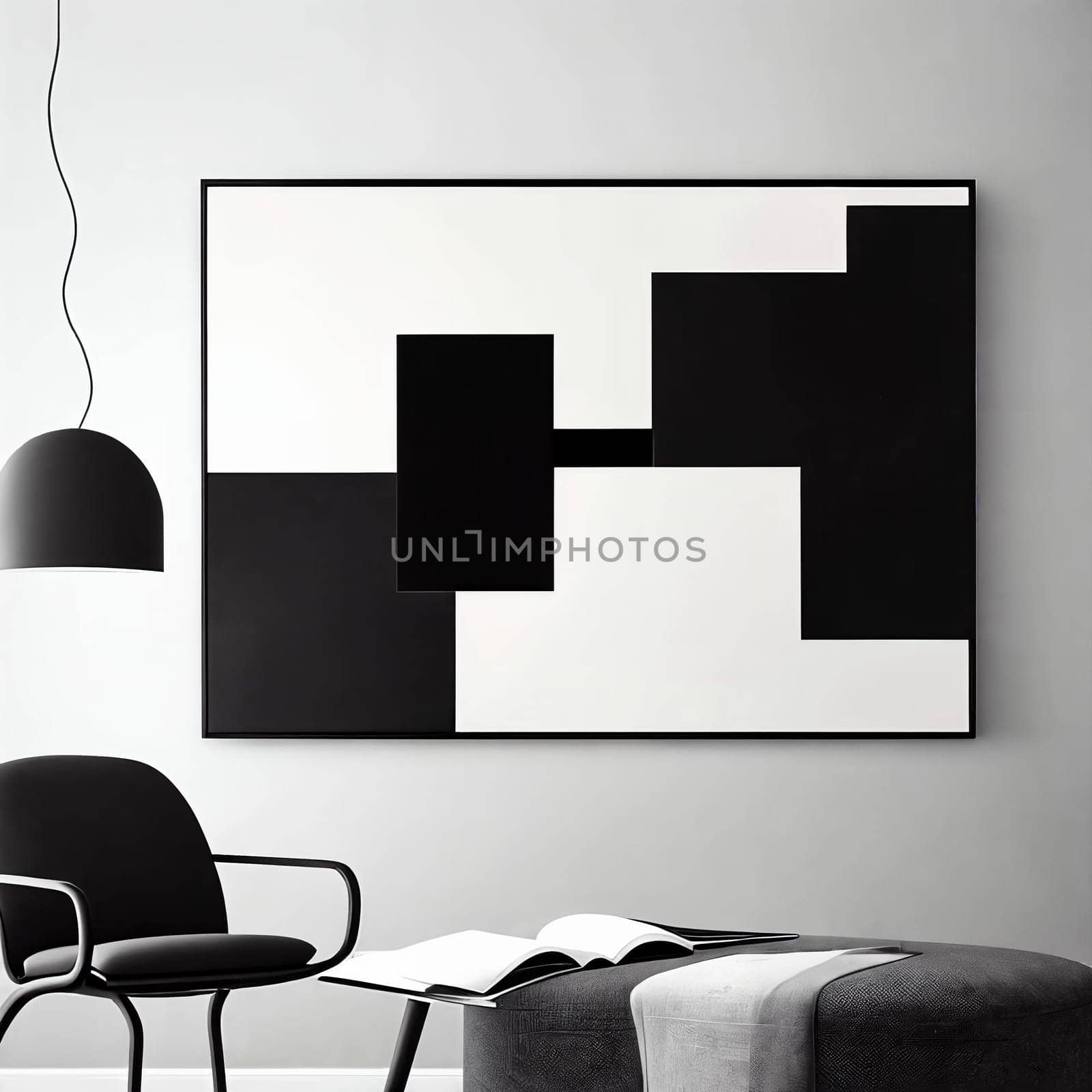 Close-up shot of an abstract modern art print hanging on a monochrome wall.