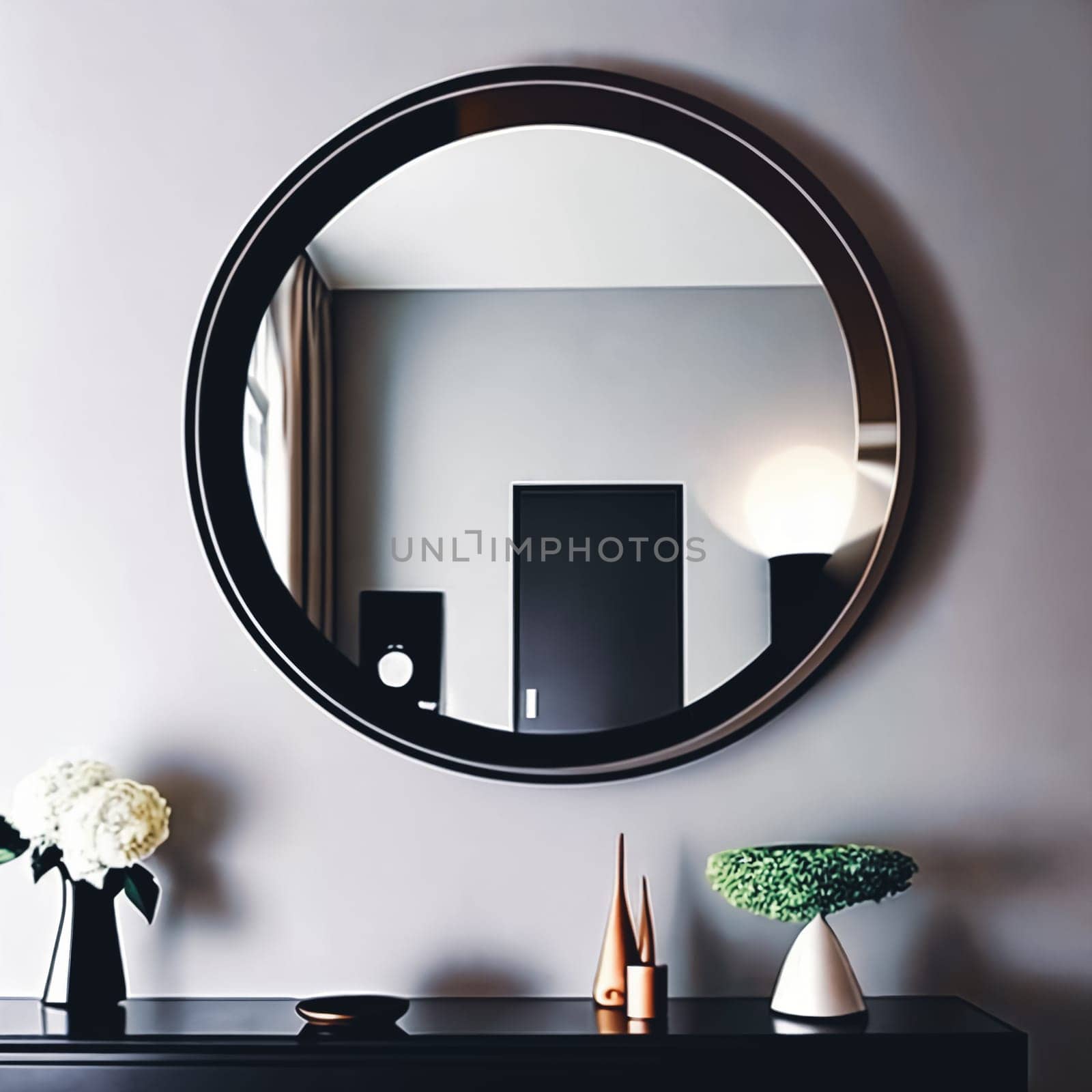 Close-up shot of a stylish round wall mirror reflecting a modern living room decor. Clean lines and contemporary aesthetic to showcase the versatility and sophistication of the interior design