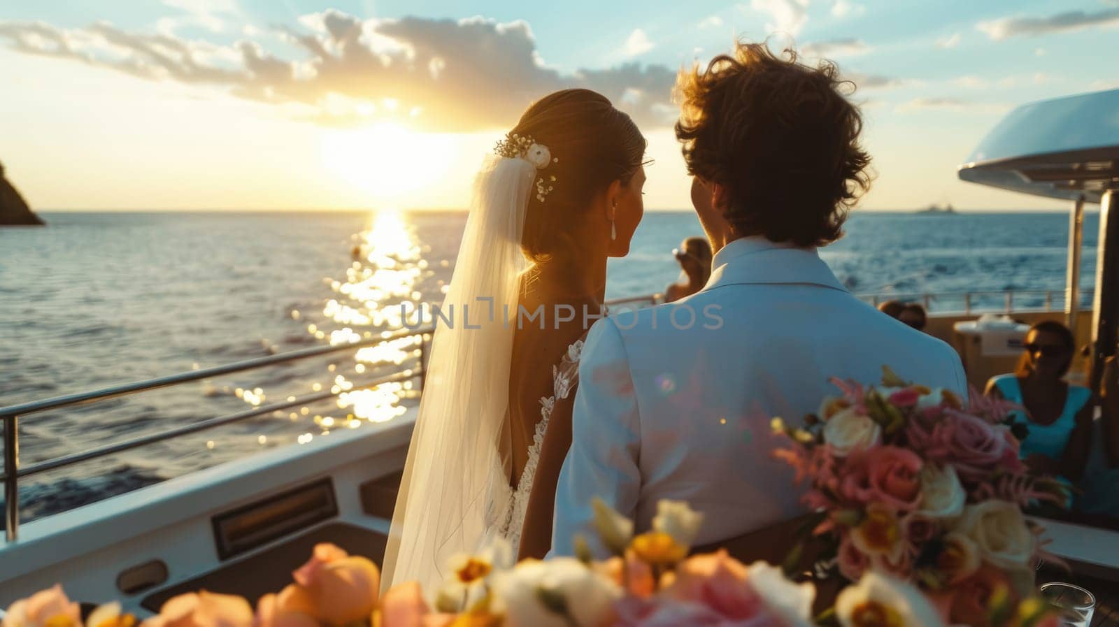 Happy bride and groom hugging on a yacht. Wedding AI