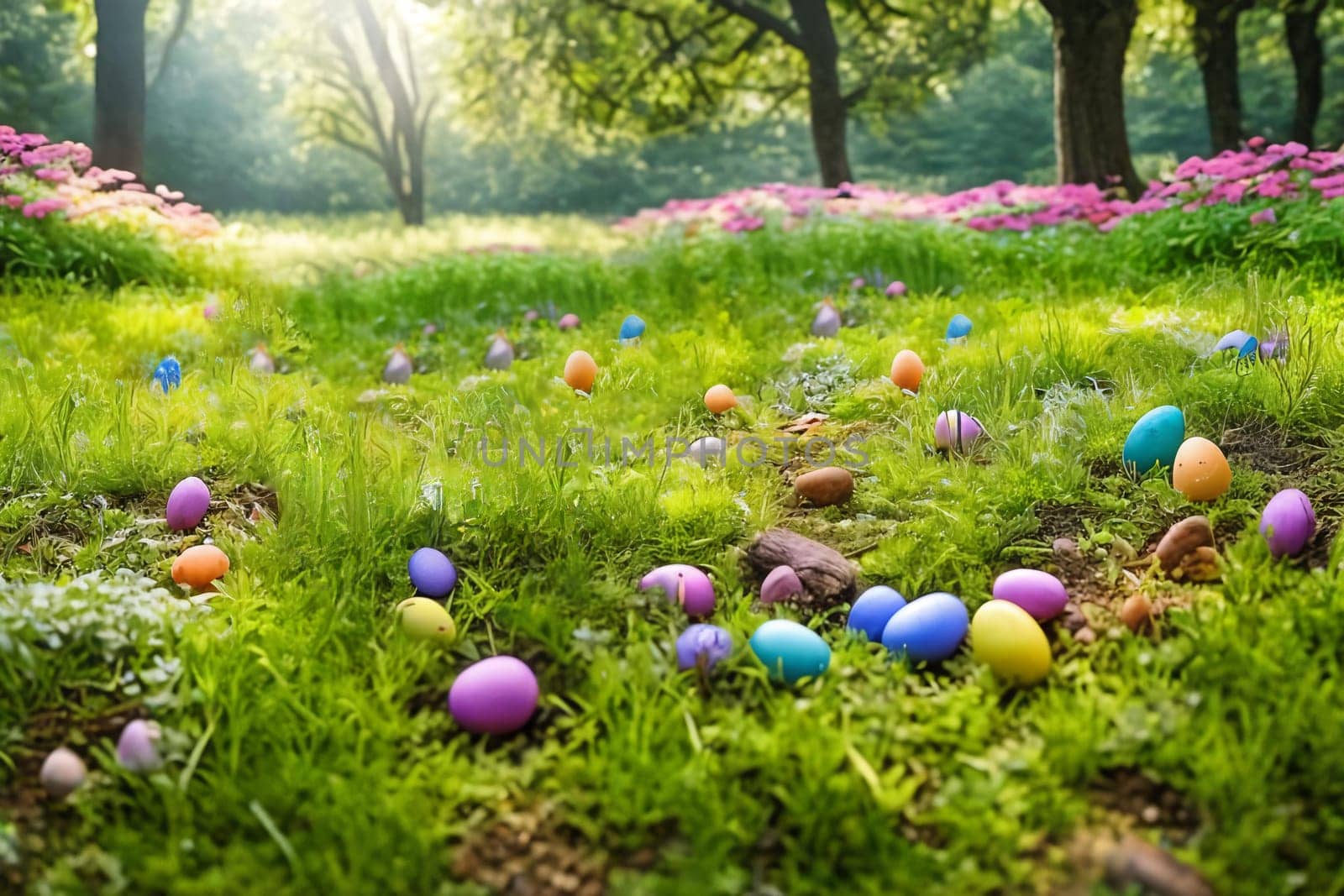 Easter Egg Hunt. A whimsical scene of hidden Easter eggs nestled among lush green grass, blooming flowers, and scattered foliage, creating a sense of excitement and discovery for the viewer.
