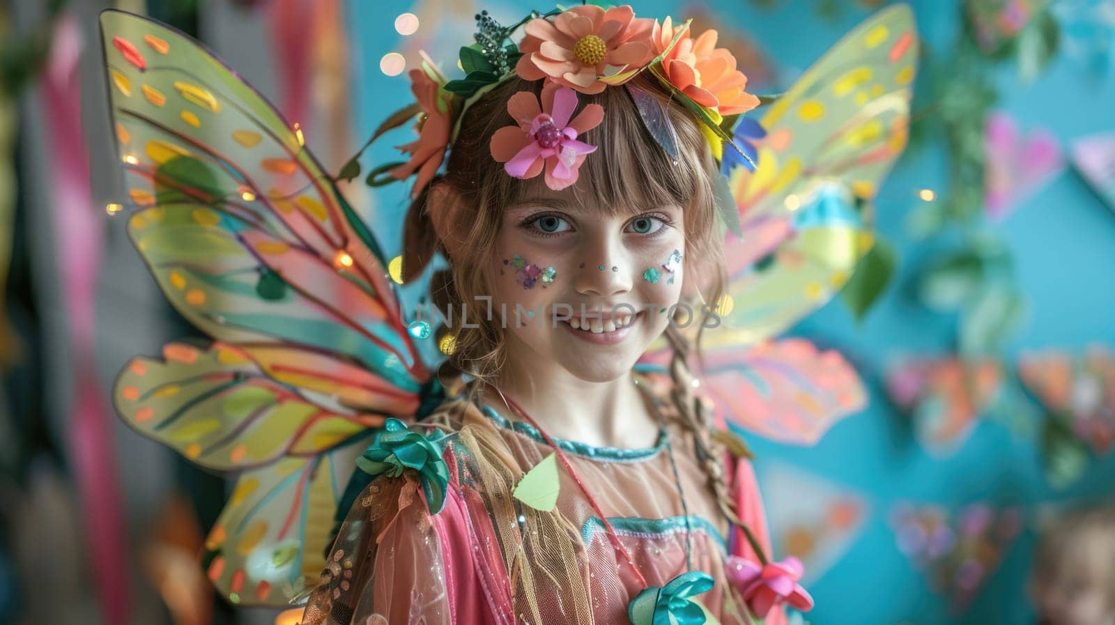 Girl in a fairy or butterfly costume at a children's party AI