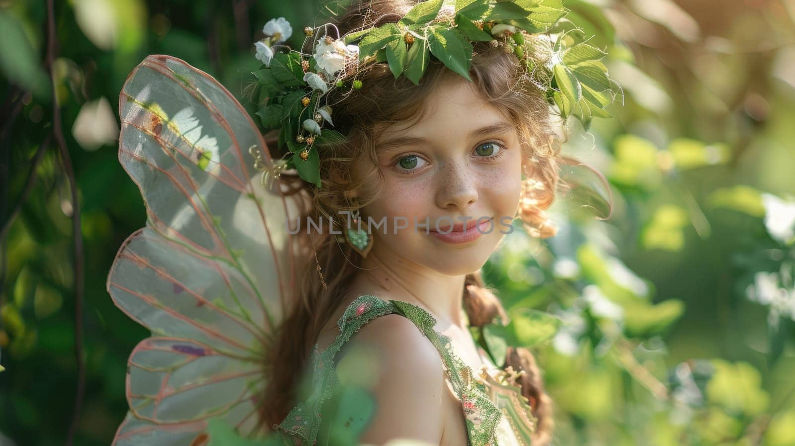 Girl in a fairy or butterfly costume at a children's party AI