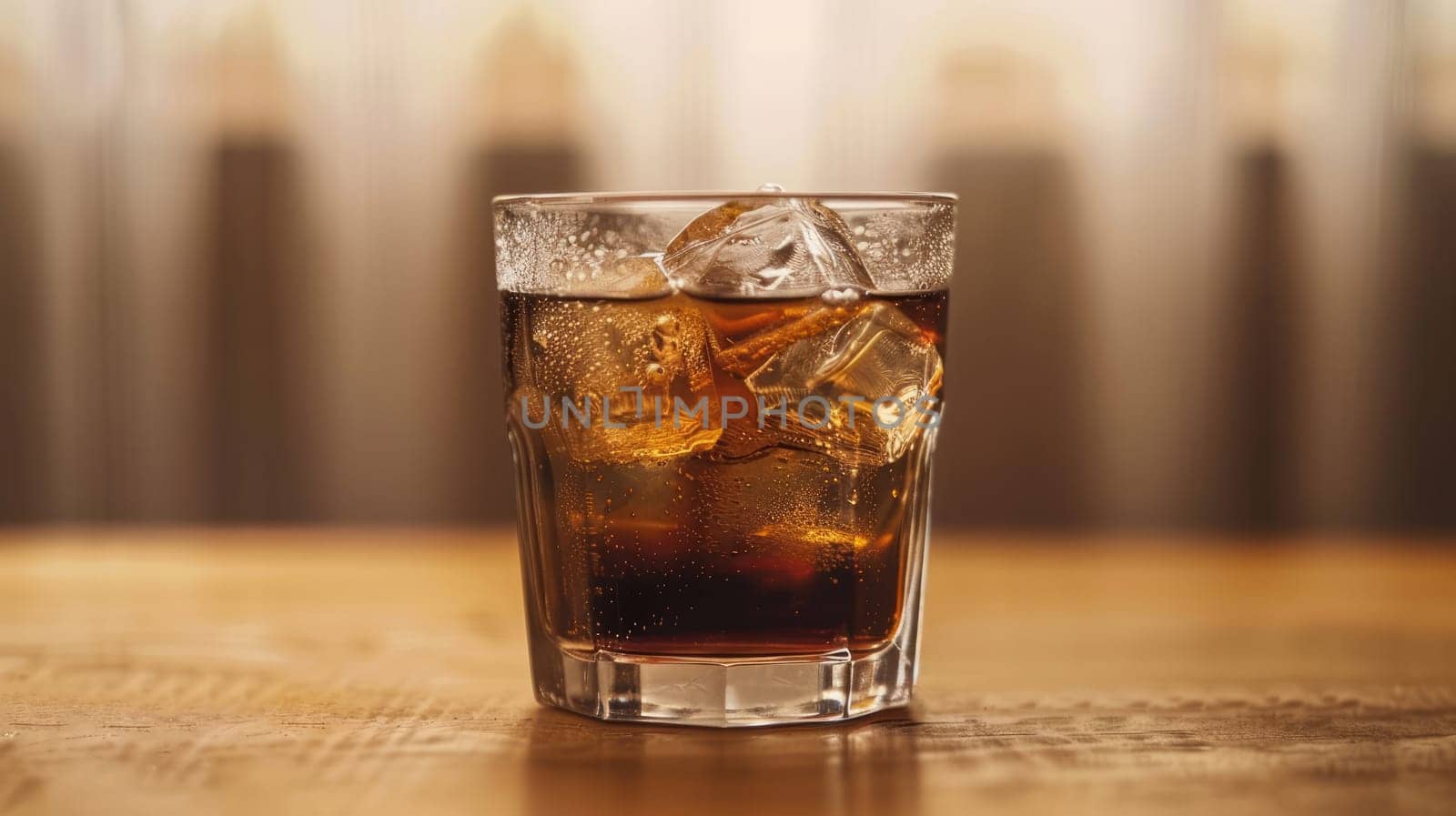 Whiskey with ice in a glass. Droplets of water flow down the glass AI