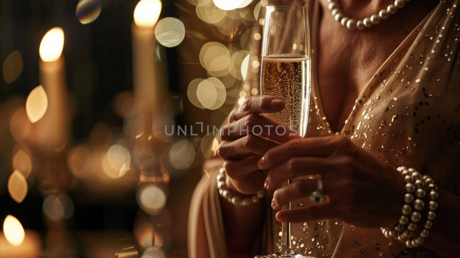 Lady with luxurious champagne in her hands at a prestigious party AI