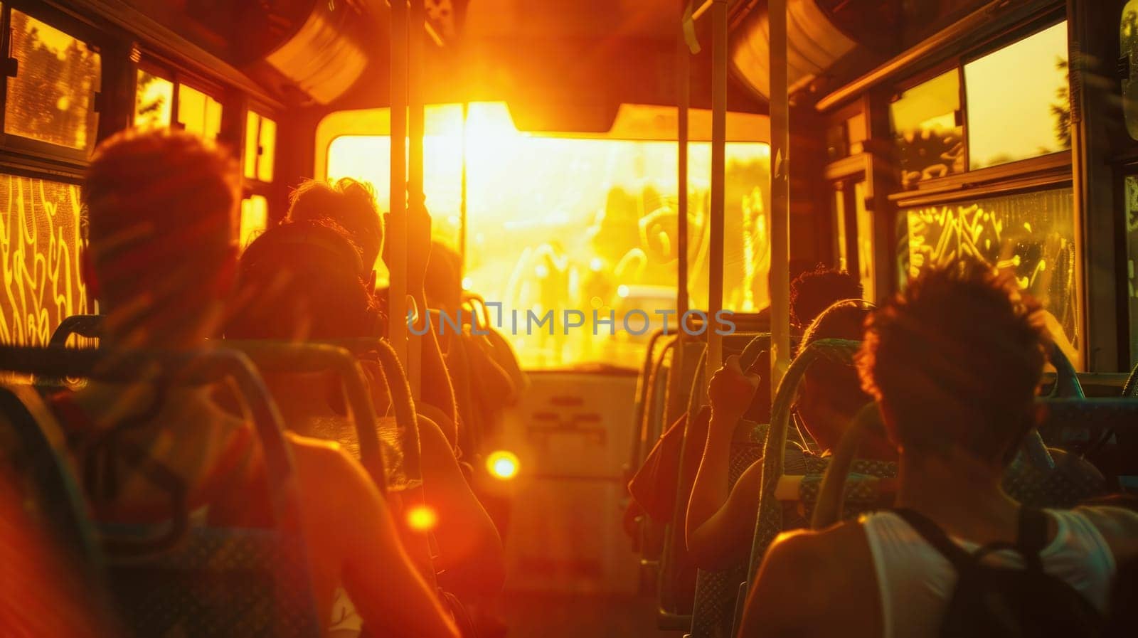 Blur focus inside of old bus. A bus with passengers during the sultry heat. AI