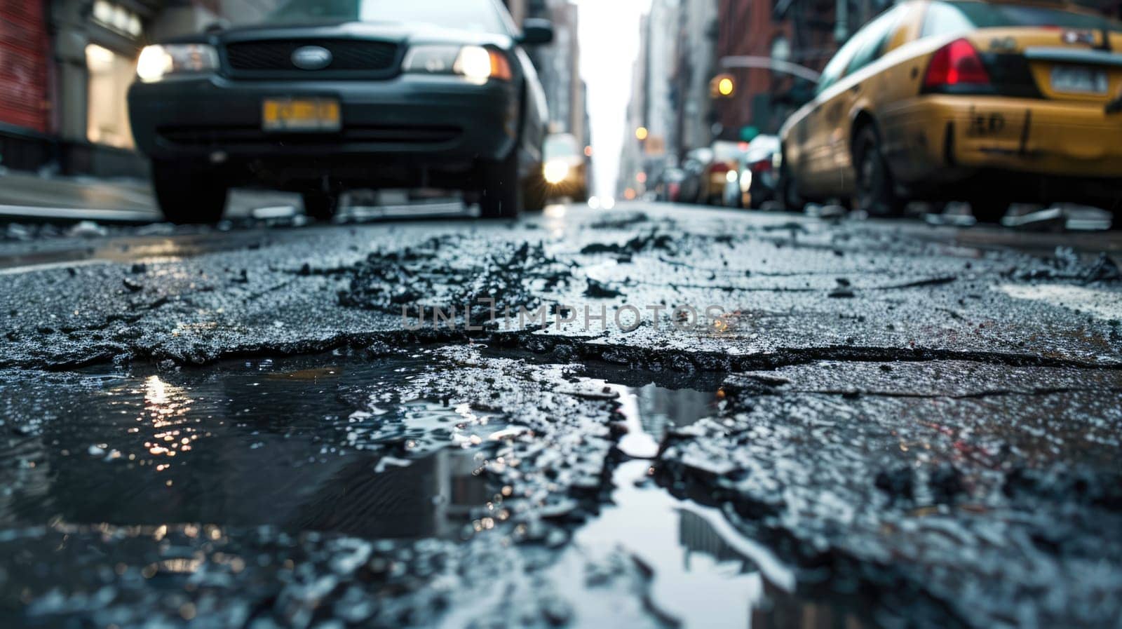 Street after rain. Potholes on damaged asphalt with puddles. by natali_brill