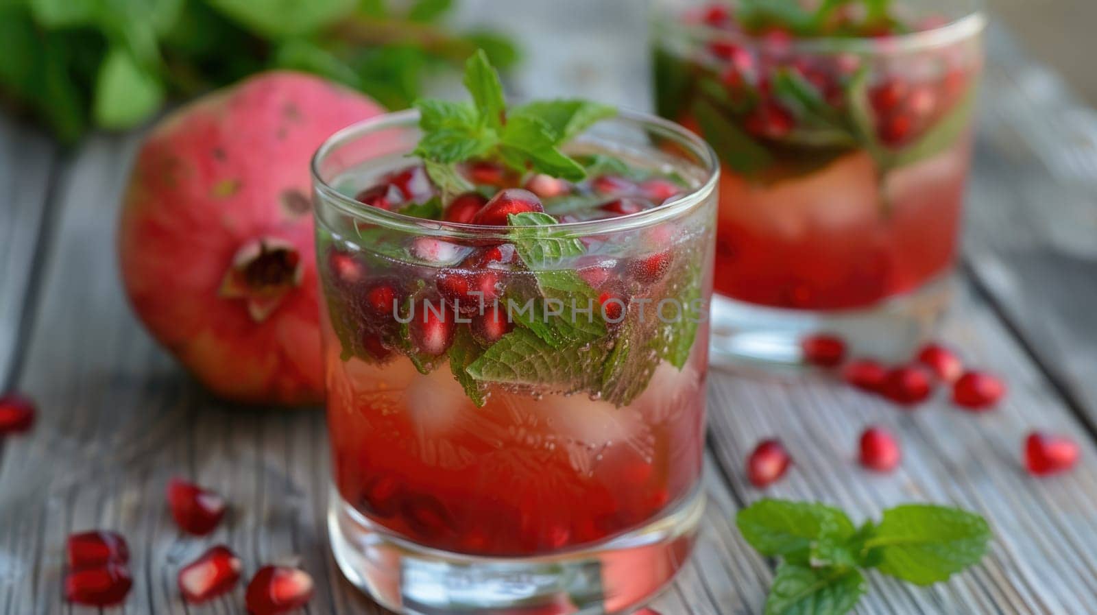 Festive drinks, pomegranate cocktail. Mint mocktail with pomegranate AI