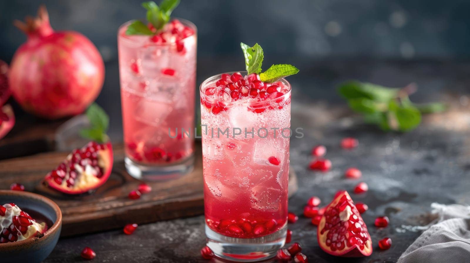 Festive drinks, pomegranate cocktail. Mint mocktail with pomegranate AI