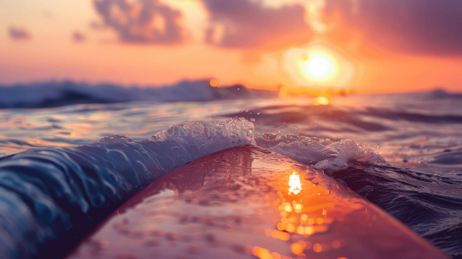 Surfboard and rising sun, coast beach at sunset. AI