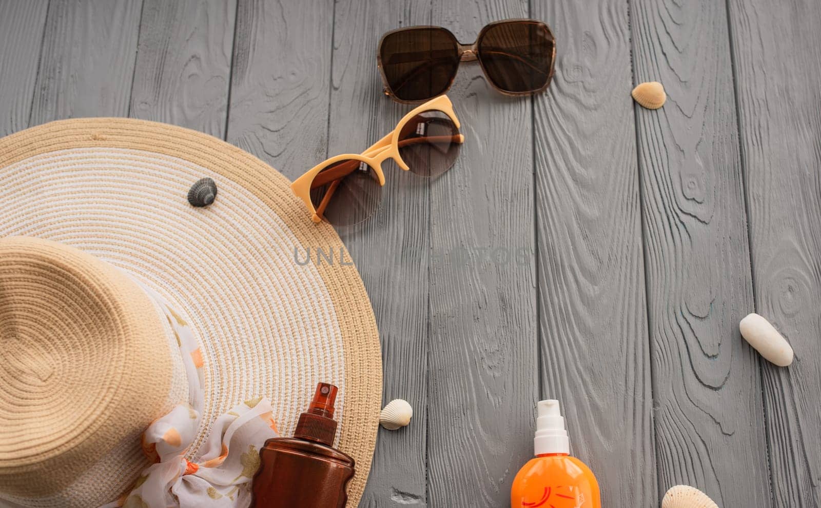 New normal covid face mask hat bag sun protection sunglasses sunscreen spray lotion tan ultra-violet rays. Summer background template mockup free space pattern composition sample text. Top view above