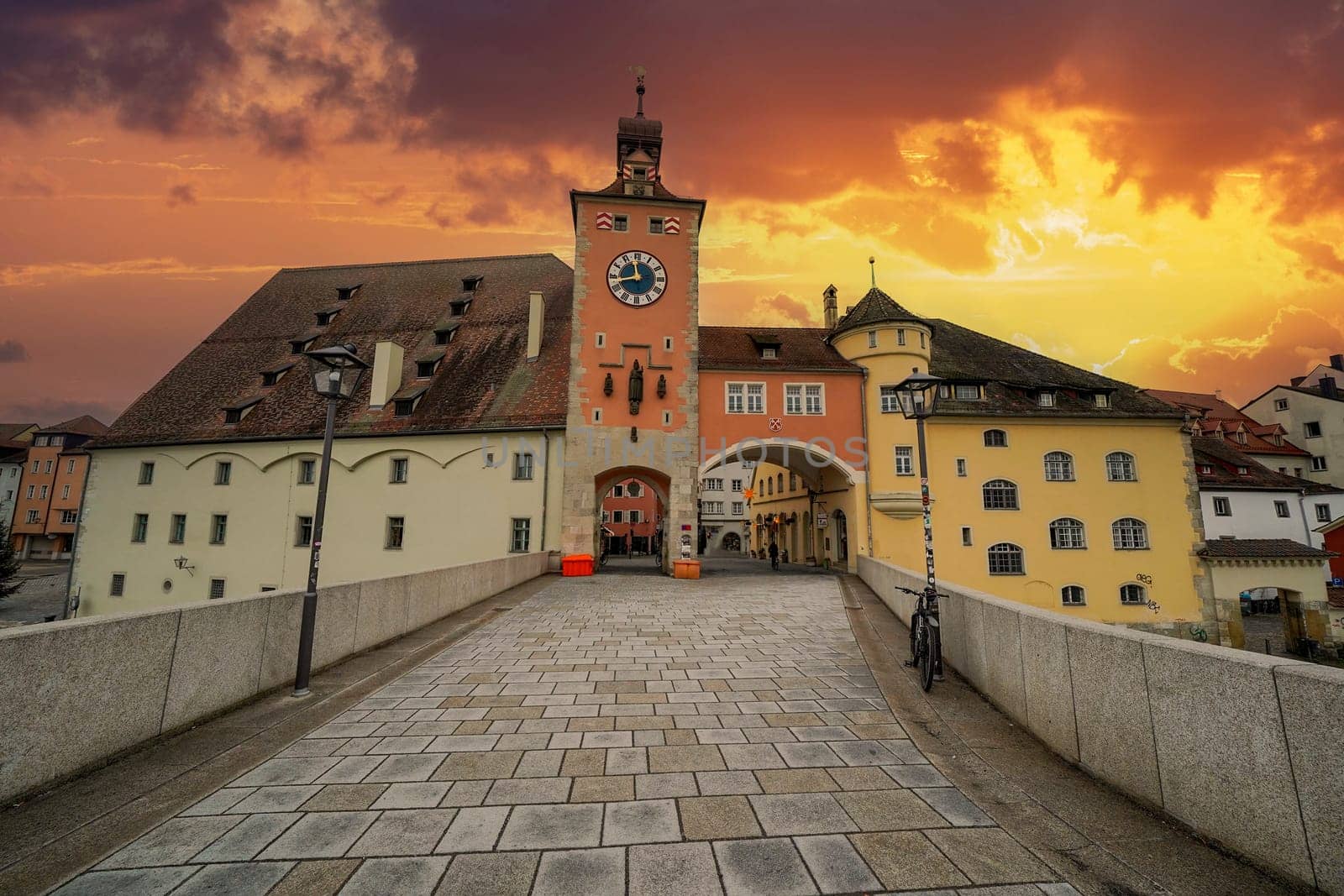 Buildings in the Old Town of Regensburg - Bavaria. UNESCO world heritage site in Germany bridge