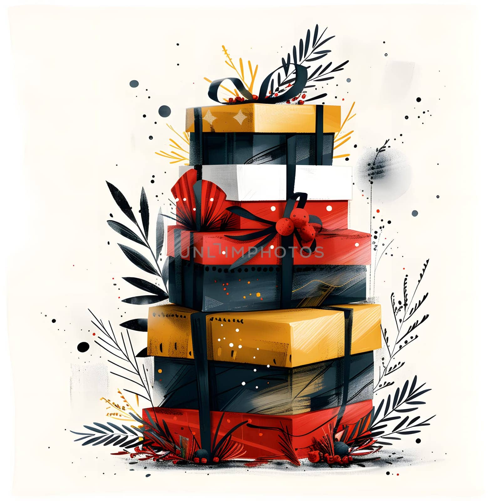 A stack of Christmas gifts with liquid bows and leaves, resembling a beautiful art piece with automotive lighting on a white rectangle background