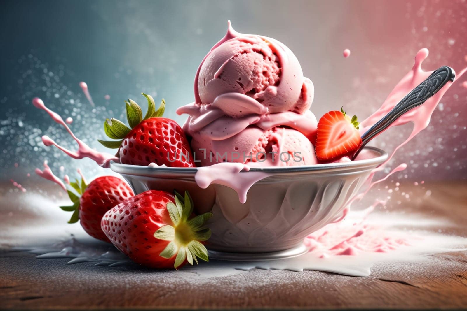 pink cold strawberry ice cream with fresh strawberries