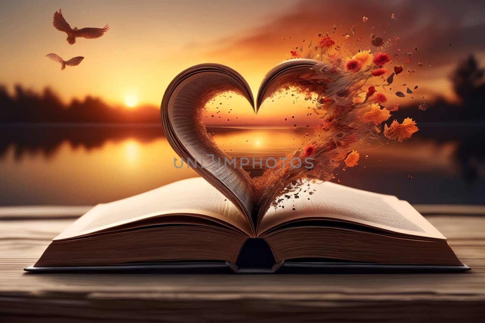 Heart from a book page on an abstract background of a beautiful sunset