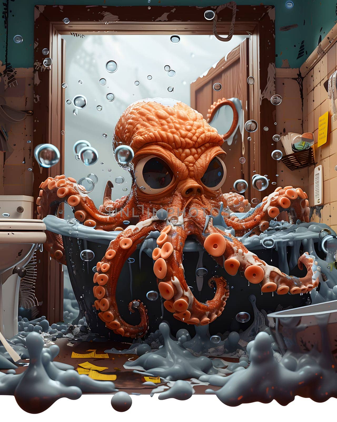 A cephalopod known as the giant Pacific octopus is depicted sitting in a bathtub with bubbles emanating from its mouth in a visually stunning marine invertebratethemed painting