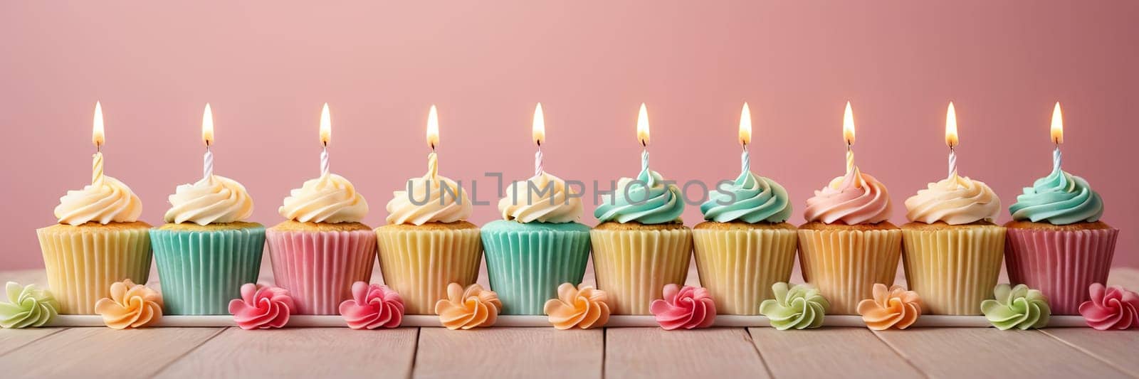 Colorful cupcakes with lit candles are displayed against a pink background, indicating an indoor celebration event marking of joy and celebrating. banner with free space.