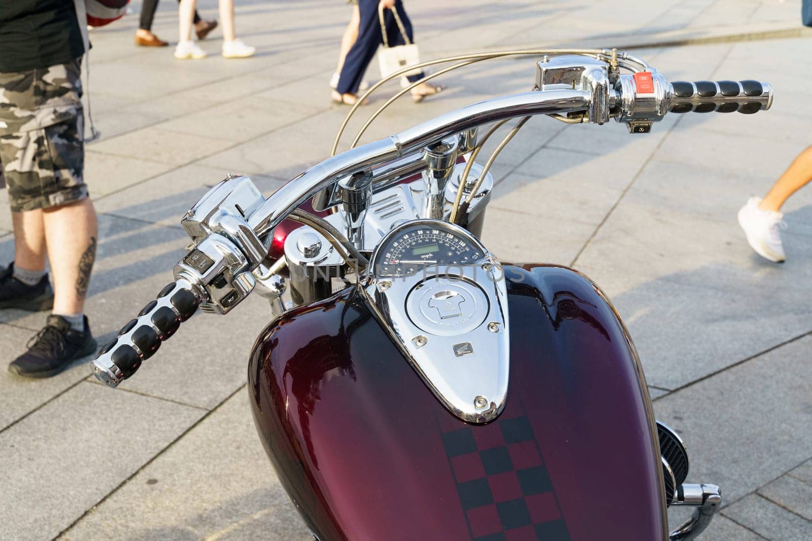 Warsaw, Poland - August 6, 2023: Classic motorcycle Honda VTX 1800. top view of the steering wheel, dashboard and tank