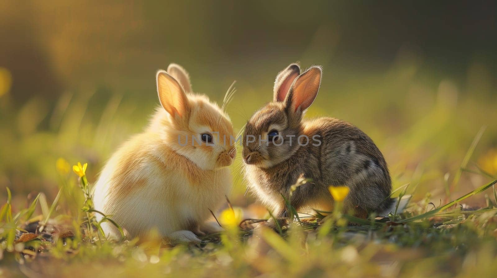 Two rabbits are sitting in the grass and touching noses