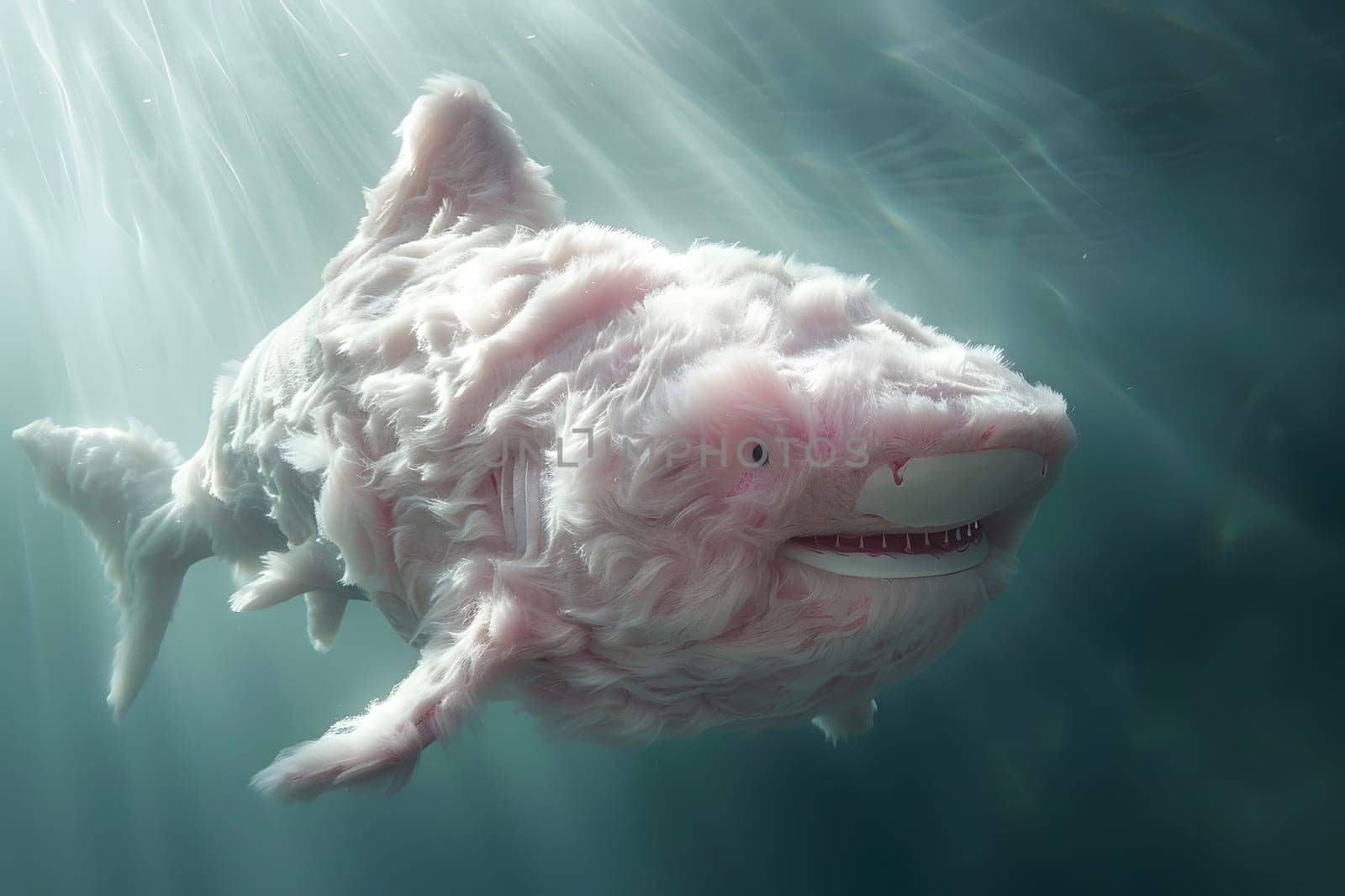 A soap shark, part of marine biology research, gracefully swims underwater with its fin cutting through the water like a real Lamniformes shark